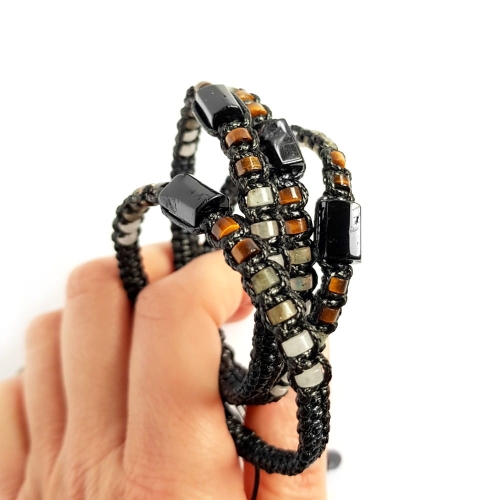 Męska bransoletka makramowa czarny turmalin, tygrysie oko, labradoryt i kryształ górski