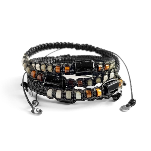 Męska bransoletka makramowa czarny turmalin, tygrysie oko, labradoryt i kryształ górski