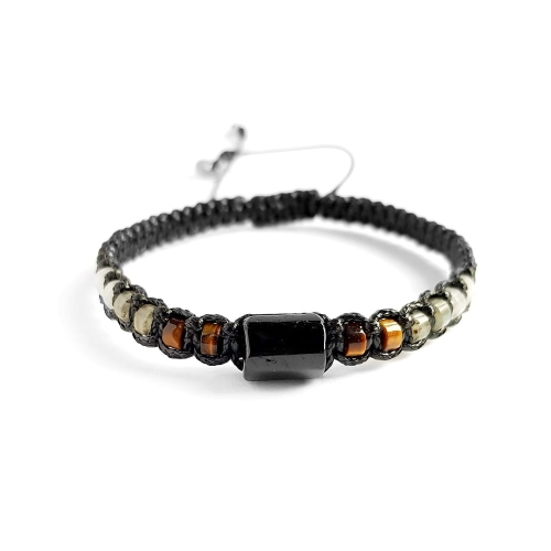 Męska bransoletka makramowa czarny turmalin, tygrysie oko, labradoryt i kryształ górski