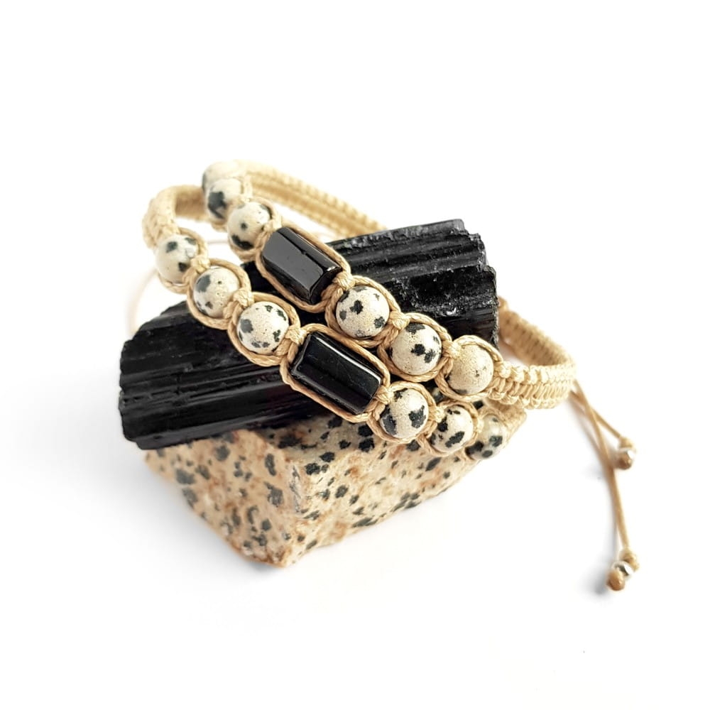 Męska bransoletka makramowa czarny turmalin i jaspis dalmatyńczyk