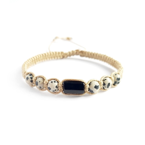 Męska bransoletka makramowa czarny turmalin i jaspis dalmatyńczyk