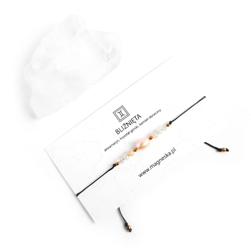 Bransoletka akwamaryn, kryształ górski, kamień słoneczny i perła Zodiac Bliźnięta