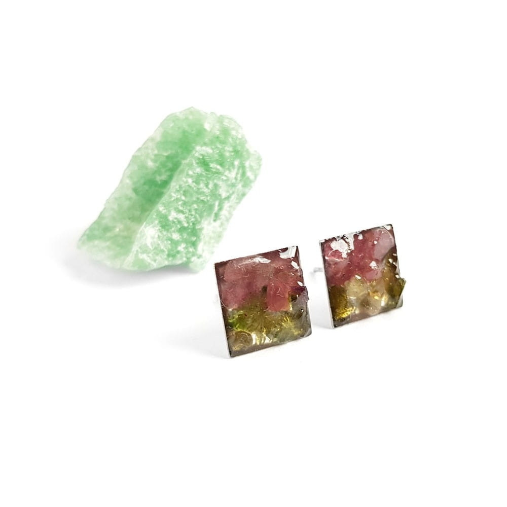 Kolczyki sztyfty unikaty kwadraty różowy i zielony turmalin Sparkles unique