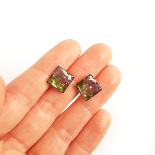 Kolczyki sztyfty unikaty kwadraty różowy i zielony turmalin Sparkles unique