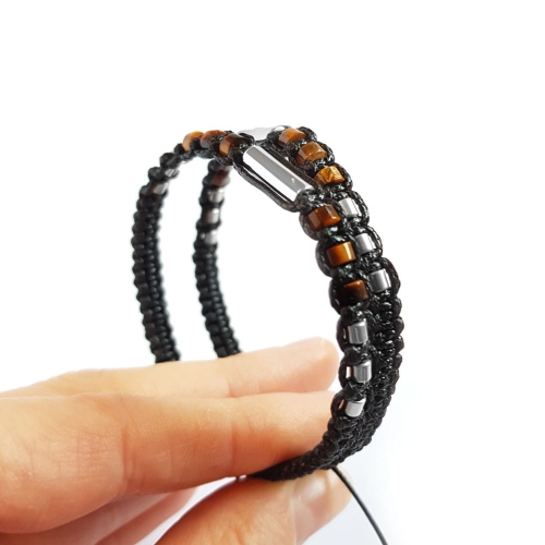 Męska bransoletka makramowa srebrny hematyt i tygrysie oko