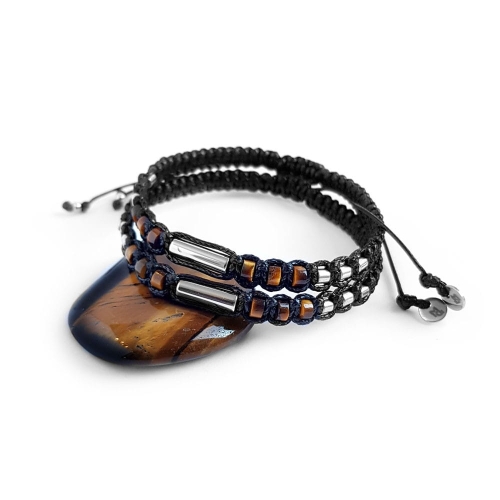 Męska bransoletka makramowa srebrny hematyt i tygrysie oko