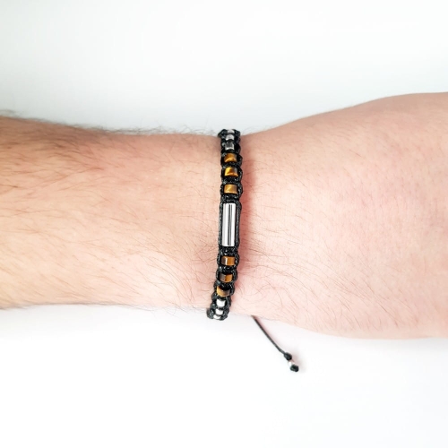 Męska bransoletka makramowa srebrny hematyt i tygrysie oko