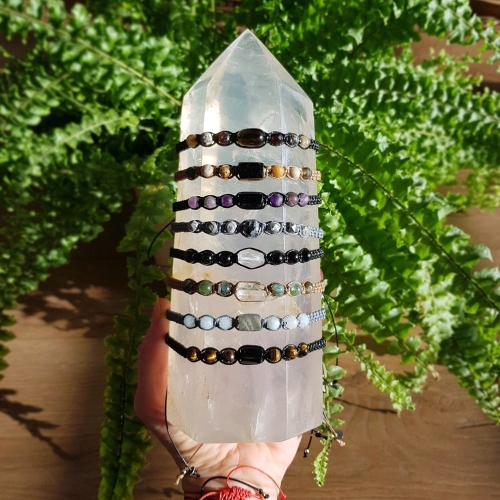 Męska bransoletka makramowa srebrny hematyt i tygrysie oko