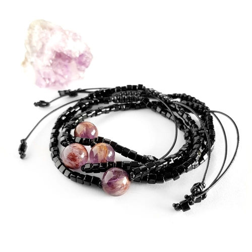 Męska bransoletka na sznurku Super Seven Little purple ball polished black