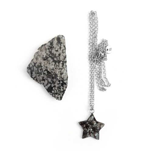 Naszyjnik obsydian śniezny gwiazdka na srebrnym łańcuszku stal chirurgiczna Sparkles snowy