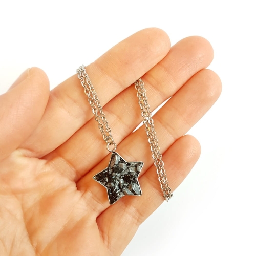 Naszyjnik obsydian śniezny gwiazdka na srebrnym łańcuszku stal chirurgiczna Sparkles snowy