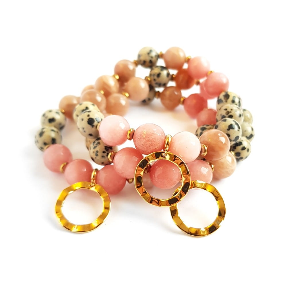 Bransoletka jadeit, kamień słoneczny, jaspis dalmatyńczyk, hematyt i kółeczko