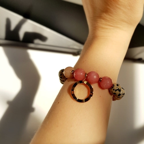 Bransoletka jadeit, kamień słoneczny, jaspis dalmatyńczyk, hematyt i kółeczko