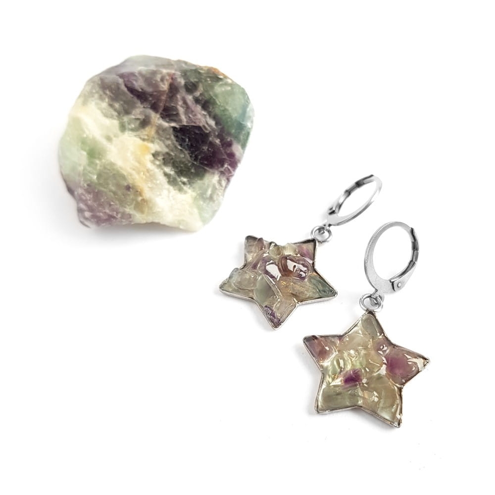 Kolczyki wiszące gwiazdki fluoryt w żywicy stal chirurgiczna Sparkles fluorite