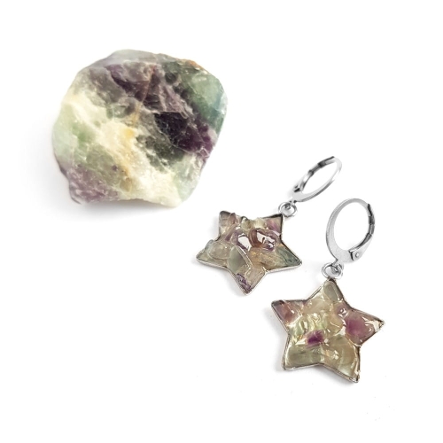 Kolczyki wiszące gwiazdki fluoryt w żywicy stal chirurgiczna Sparkles fluorite