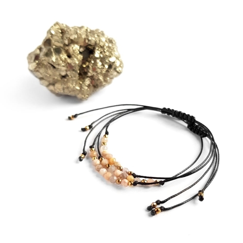 Bransoletka kamień słoneczny i hematyt na czarnym sznurku