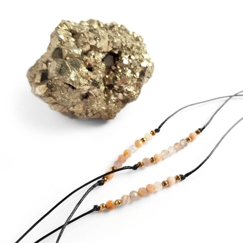 Bransoletka kamień słoneczny i hematyt na czarnym sznurku