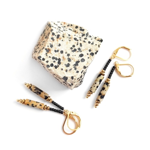 Elegance kolczyki wiszące jaspis dalmatyńczyk, hematyt i złota stal chirurgiczna