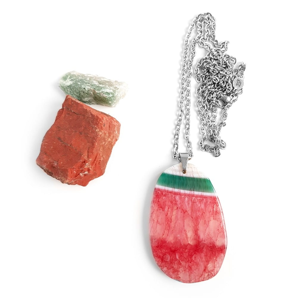 Naszyjnik unikat agat z kwarcem truskawkowo-zielony plaster stal chirurgiczna