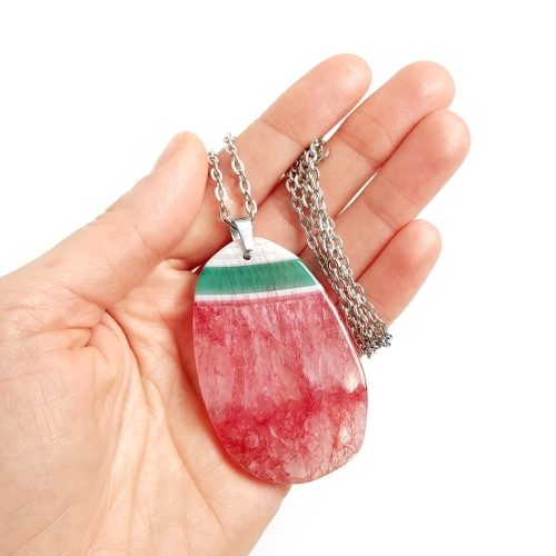 Naszyjnik unikat agat z kwarcem truskawkowo-zielony plaster stal chirurgiczna