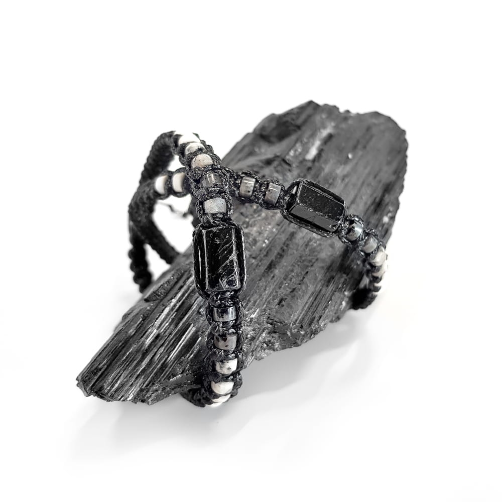 MES286 Bransoletka męska makramowa czarny turmalin, larvikit, biały jaspis i magnezyt Magneska bransoletki dla mężczyzn.jpg