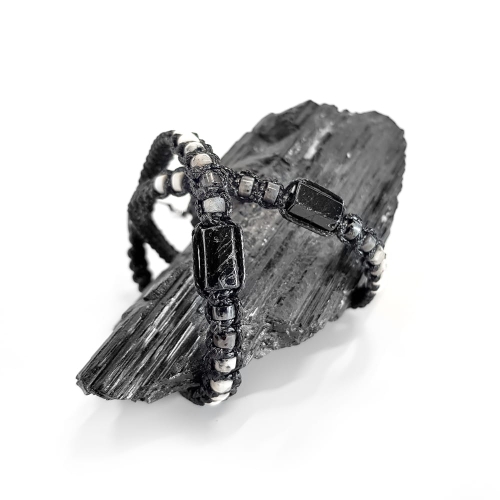 MES286 Bransoletka męska makramowa czarny turmalin, larvikit, biały jaspis i magnezyt Magneska bransoletki dla mężczyzn.jpg