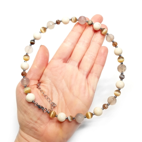 NAW778 Naszyjnik unikat beżowe kamienie kocie oko, marmur, agat pasiasty, agat szary i hematyt Magneska kolekcja bohemian.jpg