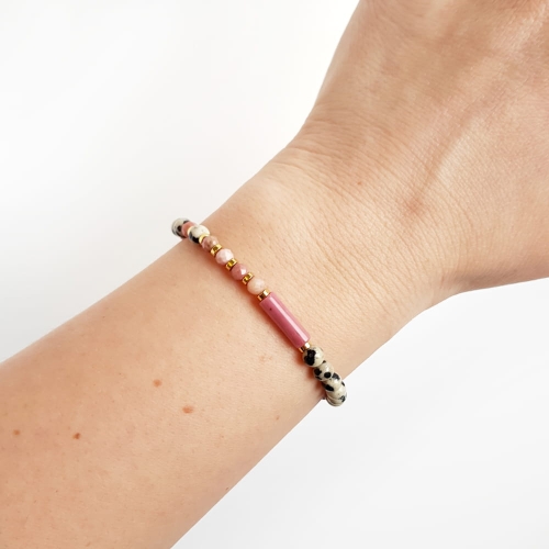 KAM764 Bransoletka rodonit, jaspis dalmatyńczyk i hematyt Magneska biżuteria z kamieni naturalnych 4.jpg