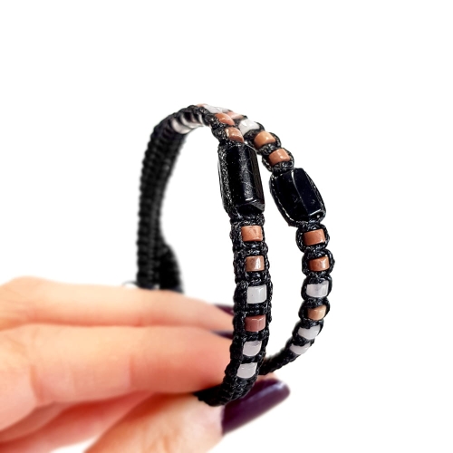 MES294 Bransoletka męska czarny turmalin, rodonit i kwarc różowy makrama Magneska męskie bransoletki makramowe shamballa.jpg