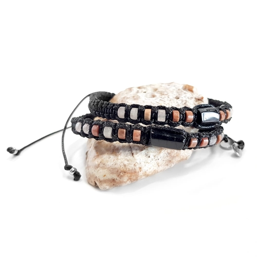 MES294 Bransoletka męska czarny turmalin, rodonit i kwarc różowy makrama Magneska męskie bransoletki makramowe shamballa 2.jpg