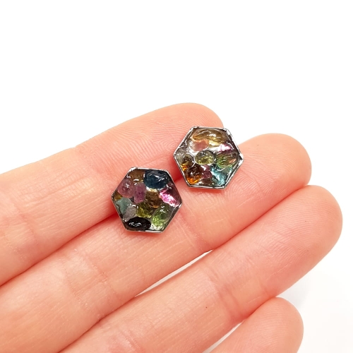 KST617 Kolczyki sztyfty heksagony stal chirurgiczna i kolorowy turmalin Magneska 2.jpg