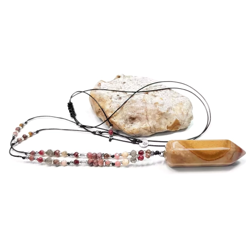 NAW789 WEBP Naszyjnik regulowany na sznurku jaspis polichromowy rodochrozyt thulit labradoryt opal różowy rodonit i hematyt Magneska biżuteria z kamieni naturalnych.webp