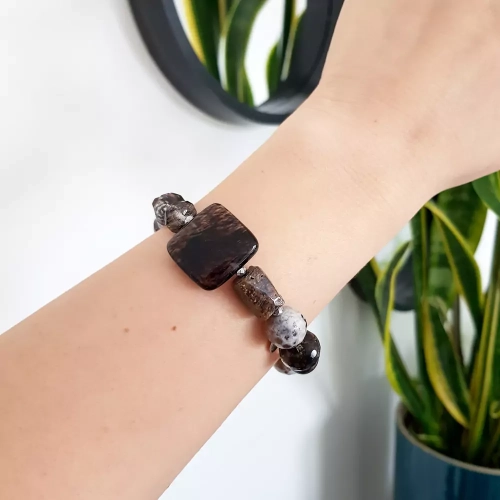 KAM772 WEBP Bransoletka bohemian Magneska biżuteria brązowy kwarc mszysty, pietersyt, agat ognisty, rodont i hematyt 3.webp