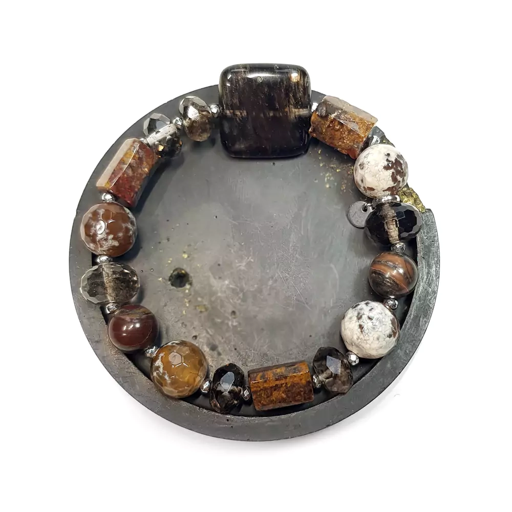 KAM772 WEBP Bransoletka bohemian Magneska biżuteria brązowy kwarc mszysty, pietersyt, agat ognisty, rodont i hematyt.webp