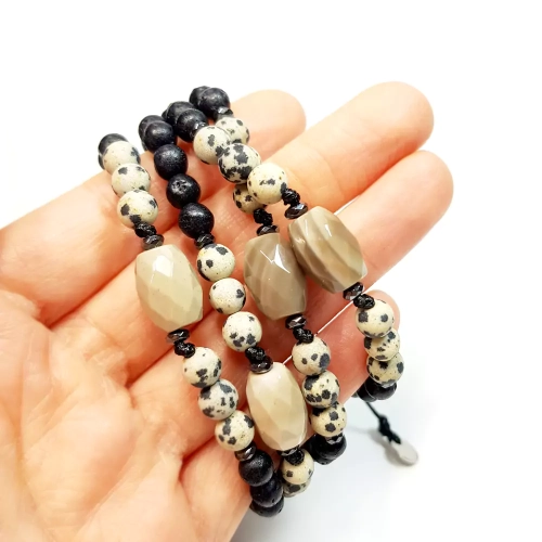 MES296 WEBP Bransoletka męska krzemień pasiasty, jaspis dalmatyńczyk, lawa wulkaniczna i hematyt Magneska biżuteria dla mężczyzn 2.webp