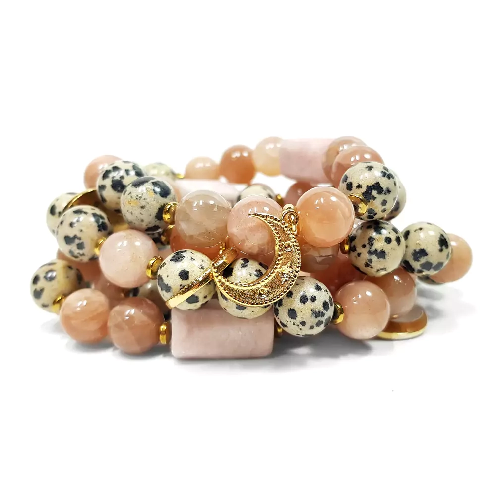 KAM777 WEBP Bransoletka z kamieni jaspis dalmatyńczyk, kamień słoneczny, różowy opal, hematyt i księżyc 2 3.webp