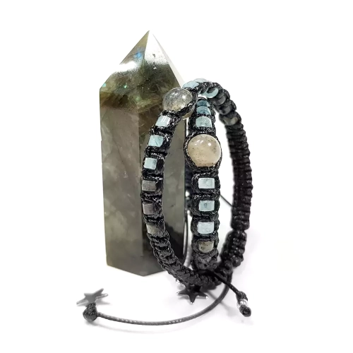 SZN894 WEBP Bransoletka makramowa damska labradoryt, akwamaryn i larvikit Magneska biżuteria.webp