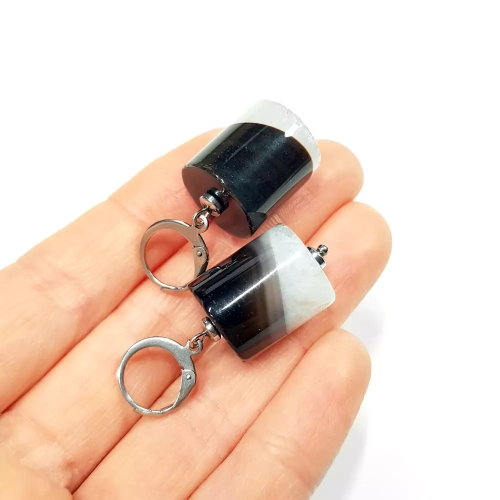 KST625 WEBP Kolczyki czarny agat z kwarcem walce Magneska biżuteria 2.webp