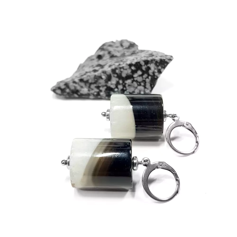 KST625 WEBP Kolczyki czarny agat z kwarcem walce Magneska biżuteria.webp