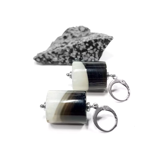 KST625 WEBP Kolczyki czarny agat z kwarcem walce Magneska biżuteria.webp