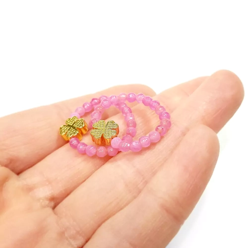 PIER365 WBEP Pierścionek elastyczny różowy agat i hematyt złota koniczynka Magneska biżuteria 2.webp