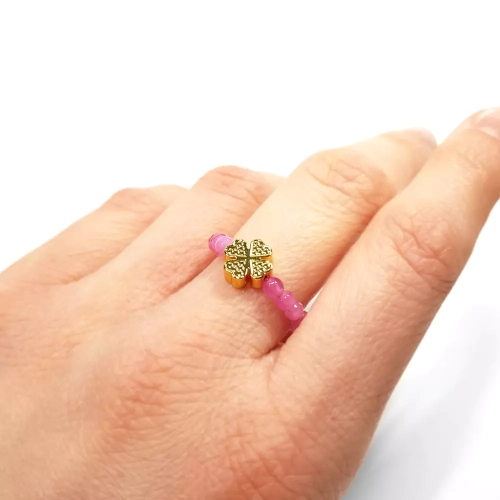 PIER365 WBEP Pierścionek elastyczny różowy agat i hematyt złota koniczynka Magneska biżuteria 3.webp