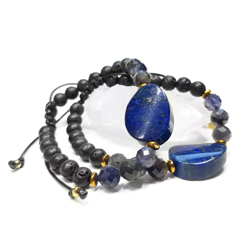 SZN939 WBEP Bransoletka lapis lazuli, iolit i lawa wulkaniczna Pebbles Magneska biżuteria.webp