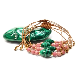 Bransoletka malachit, rodonit i hematyt na brązowym sznurku