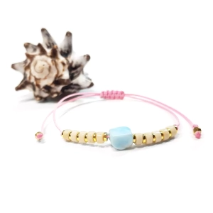 Bransoletka larimar, kamień rzeczny i hematyt na różowym sznurku