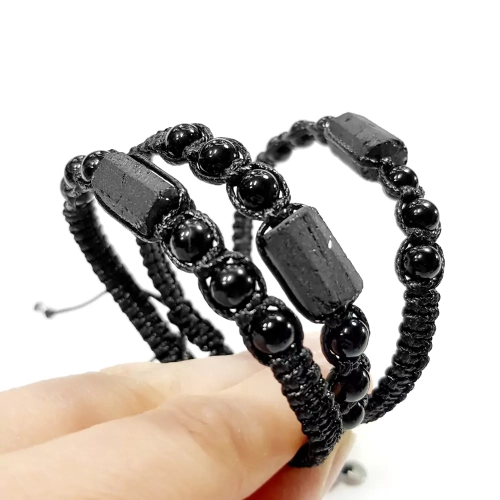 MES304 WEBP Bransoletka makramowa męska czarny turmalin i czarny agat pasiasty Magneska biżuteria 3.webp