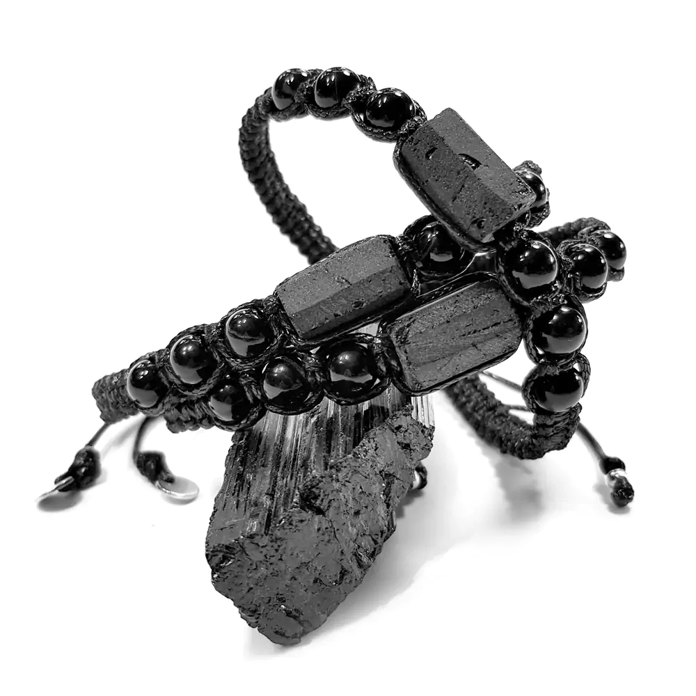 MES304 WEBP Bransoletka makramowa męska czarny turmalin i czarny agat pasiasty Magneska biżuteria.webp