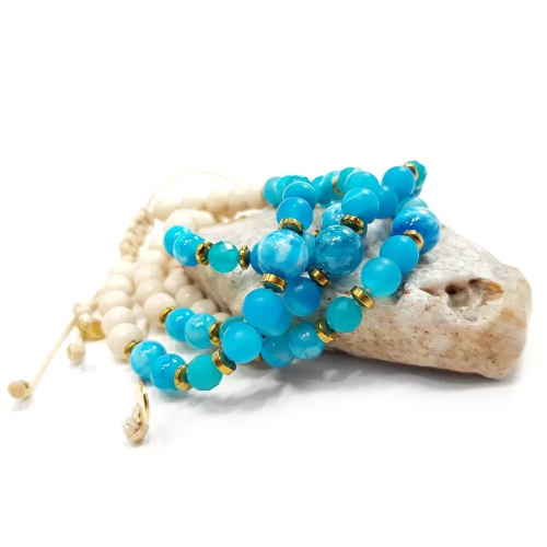 SZN963 WEBP Bransoletka damska Pebbles Magneska apatyt, niebieski agat, kamień rzeczny na sznurku 2.webp