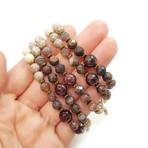 SZN976 WEBP Bransoletka kwarc z hematytem, rodochrozyt, agat botswana, jaspis orbikularny i kamień rzeczny Magneska biżuteria 3.webp