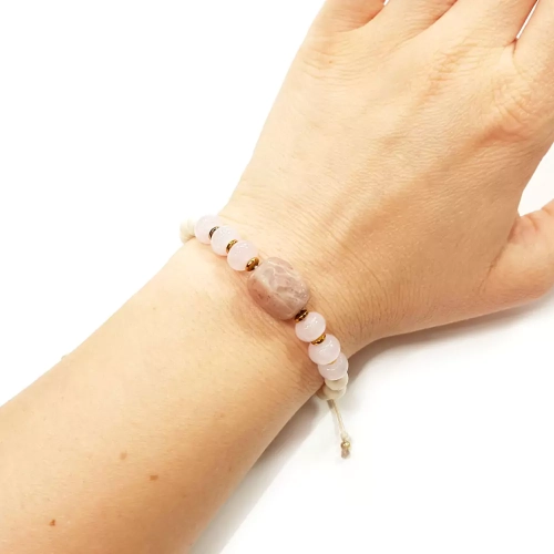 SZN980 WEBP Bransoletka kamień słoneczny, kwarc różowy, kamień rzeczny i hematyt na beżowym sznurku Magneska biżuteria 3.webp